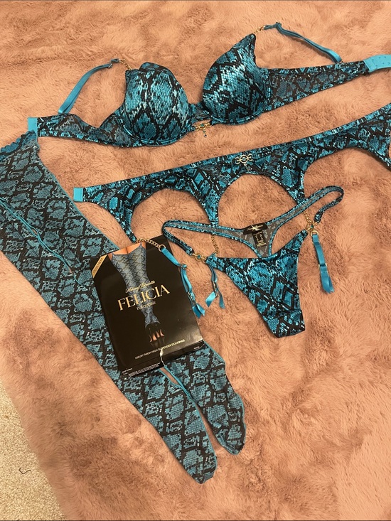 Honey Birdette Other - Honey Birdette Turquoise Snake-Print Bra, Garter Belt, Thong & Stockings Set